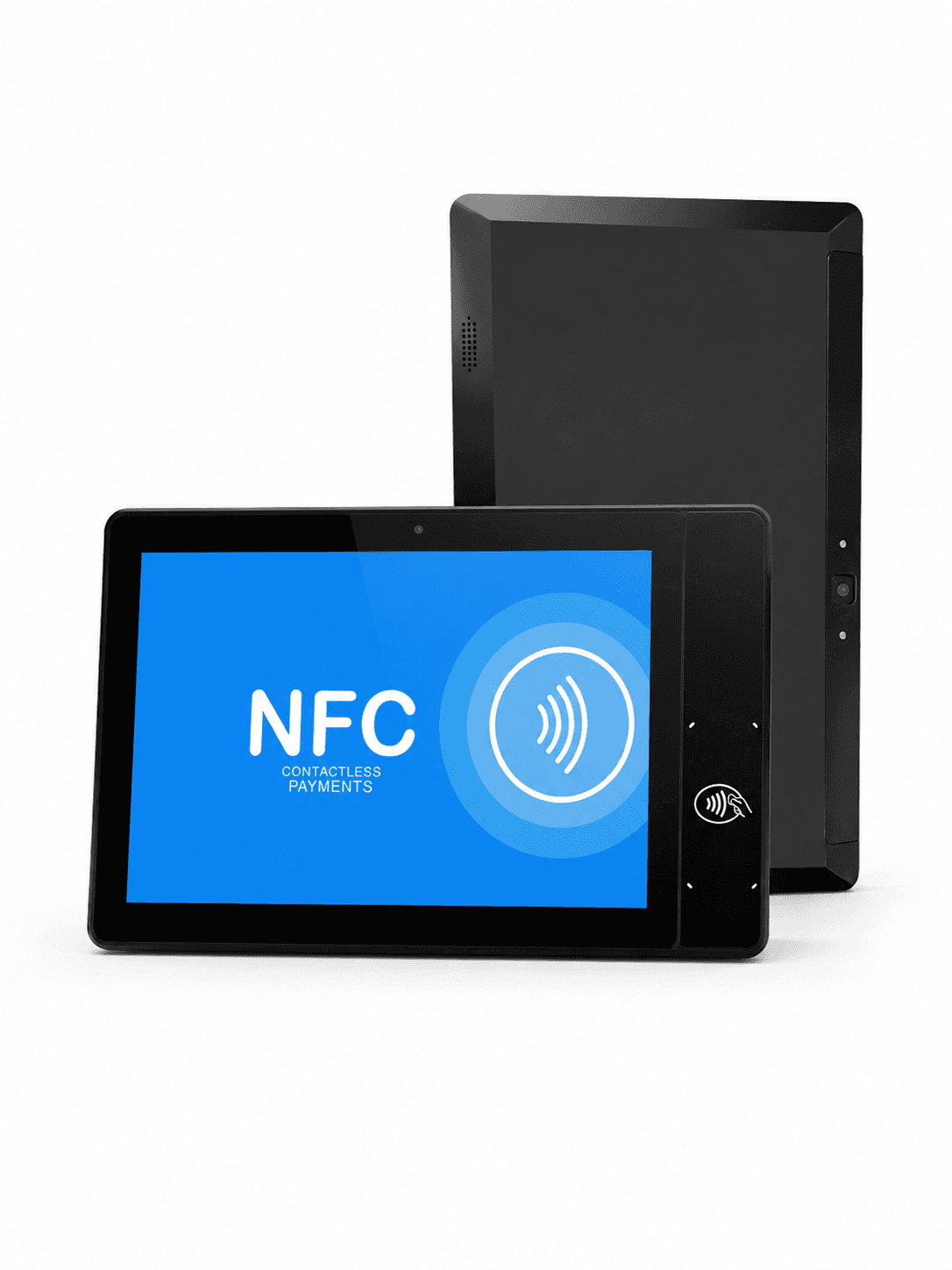 Tablet Android de mesa con menú digital y pagos NFC contactless para restaurante