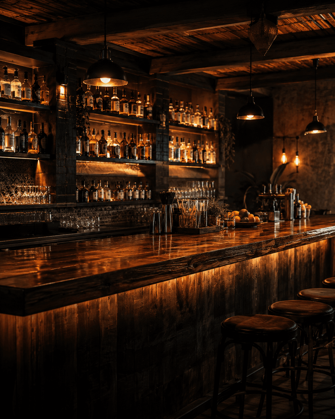 Bar con bebidas y ambiente nocturno