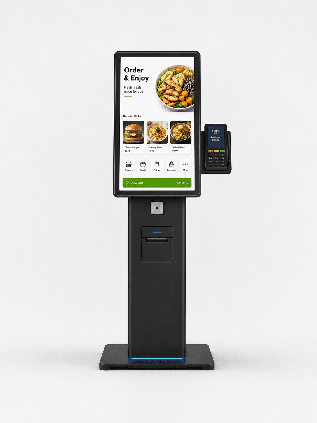 Kiosco Self Service de 32 pulgadas con pantalla táctil Full HD, cámara, NFC y soporte de piso
