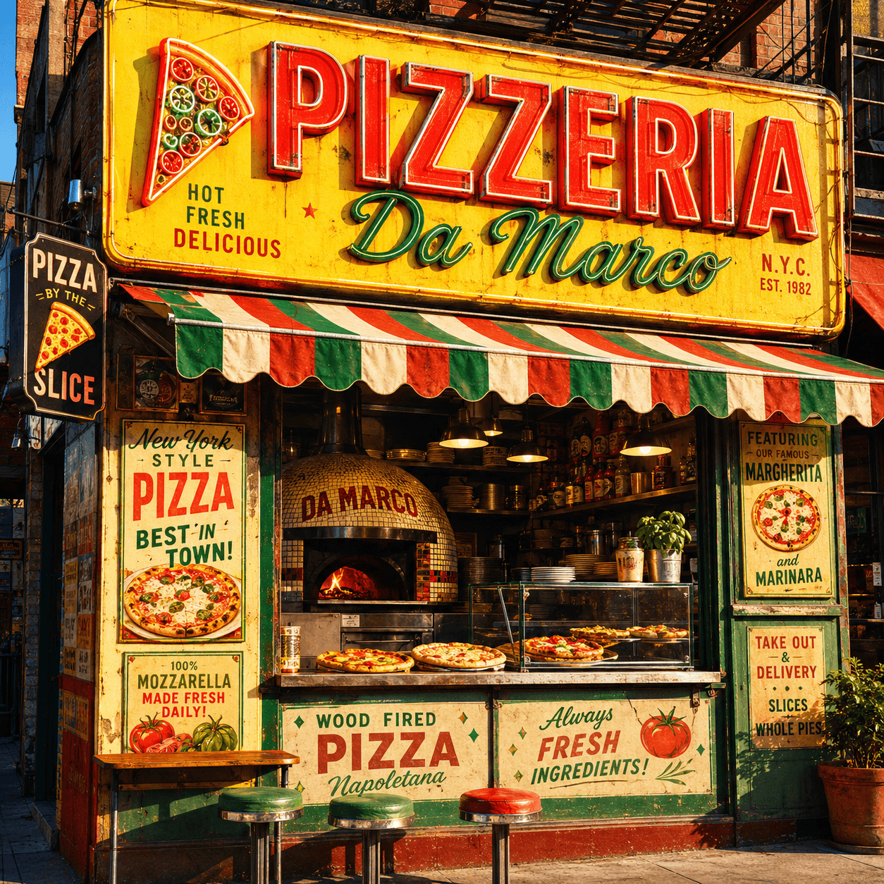 Pizzería con pizzas recién horneadas en mostrador