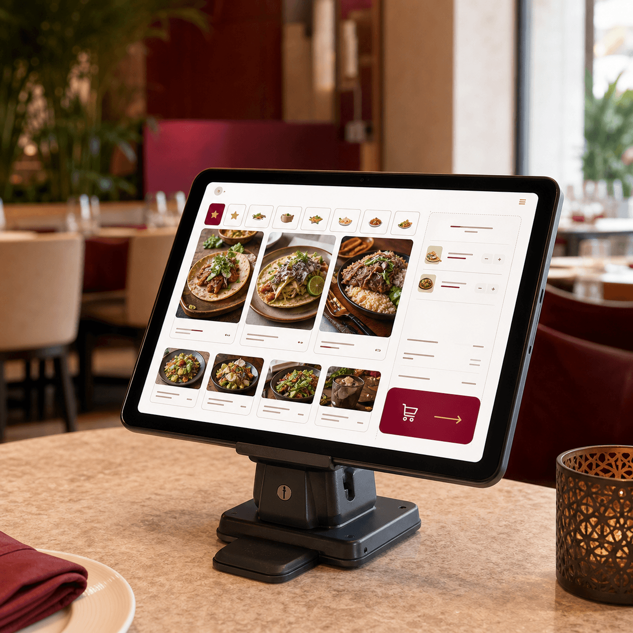 Tablet JIRO en soporte antirrobo mostrando un menú digital en un restaurante