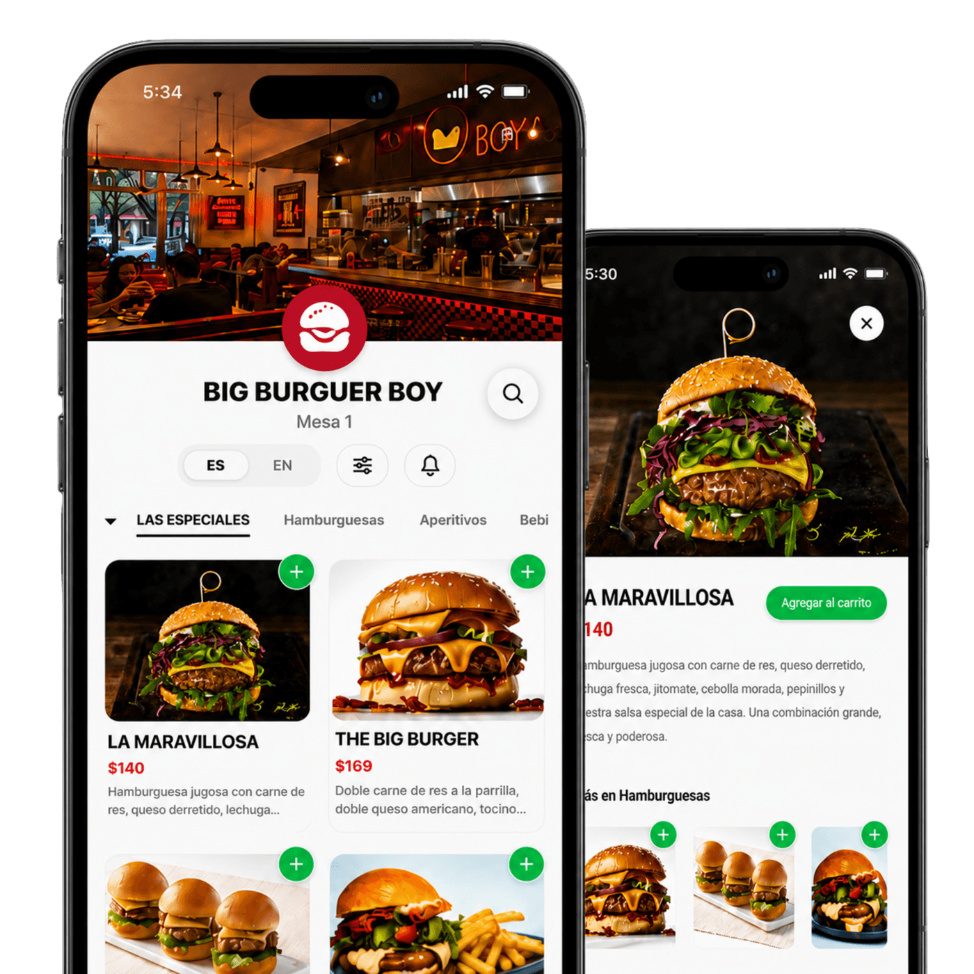 Menú digital en celular: categorías, productos y detalle de pedido desde la mesa