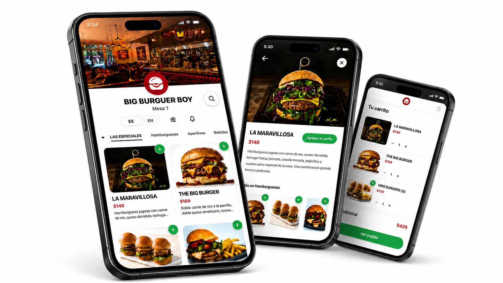 Menú digital JIRO en celular: categorías, detalle de platillo y carrito de pedido