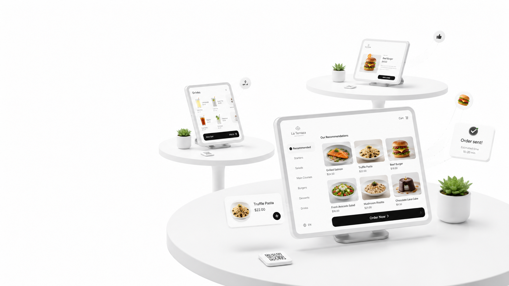 Tablets con menú digital de restaurante en mesas blancas